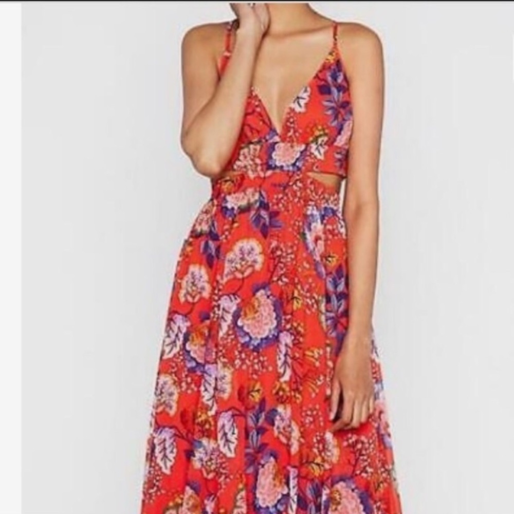 Express Red Floral Spaghetti-Strap Maxi Dress